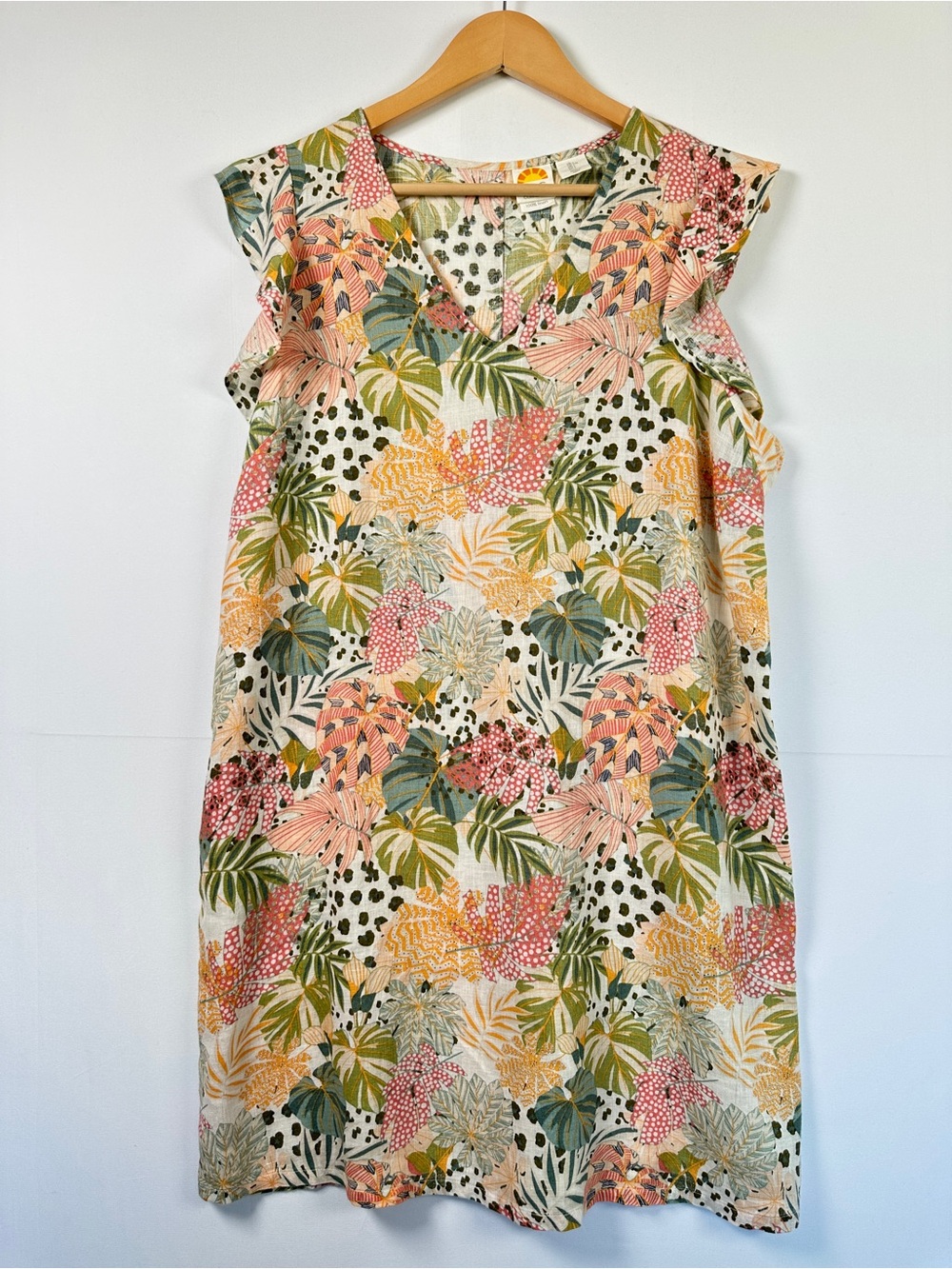 C&C California 100% Linen Tropical Floral Shift Dress Size L Boho Coastal